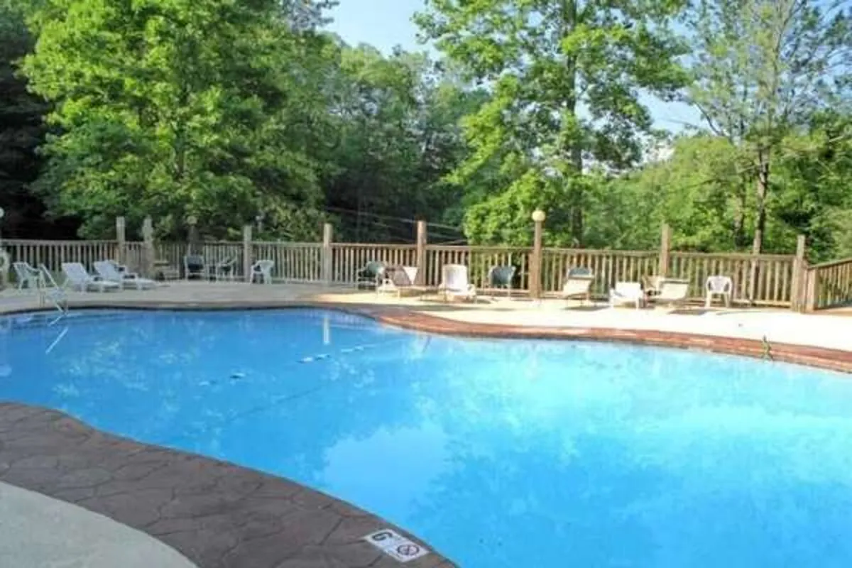 A sparkling community swimming pool bordered by lounge chairs and lush, leafy trees. The scene conveys an inviting, relaxing atmosphere where guests can enjoy swimming, sunbathing, or socializing by the water.